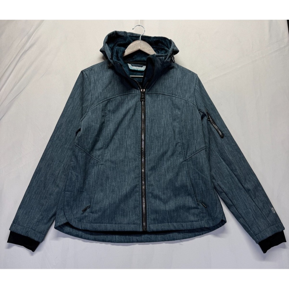 Free Country Jacket Womens Large Teal Slate Herringbone Faux Fur Lined Full Zip